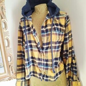 American Eagle Women's Yellow and Blue Plaid Hooded Flannel Shirt Grunge Punk